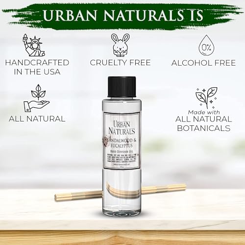 Urban Naturals Reed Diffuser Oil Refill, Sandalwood & Eucalyptus Diffuser Oils with Musk, Herbal Woods, 4 oz + Free Reed Sticks, Made in the USA