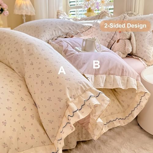Pink Floral Duvet Cover Set 3 Pcs,100% Cotton Twin Size Duvet Cover with 2 Pillowcases,Aesthetic Rustic Cute Bedding Set with Ruffles for Teen Girls,Comforter Cover with Ties 68"×86"