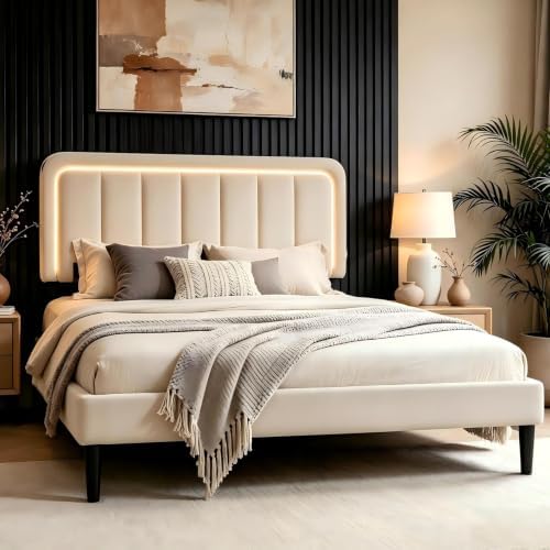 Garvee Twin Size Bed Frame with LED Lights & Upholstered Headboard