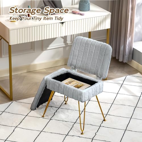Vanity Chair with Storage | Comfy Ottoman with Folding Back