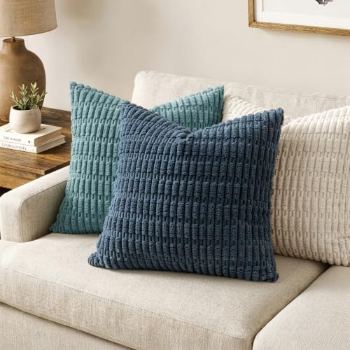 MIULEE Corduroy Decorative Throw Pillow Covers 18x18 Blue Pack of 2