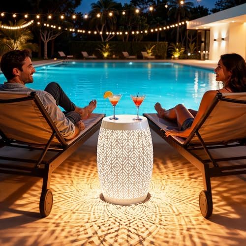 18" Metal LED Side Table Outdoor, 3-Mode Lights, Modern Drum Design
