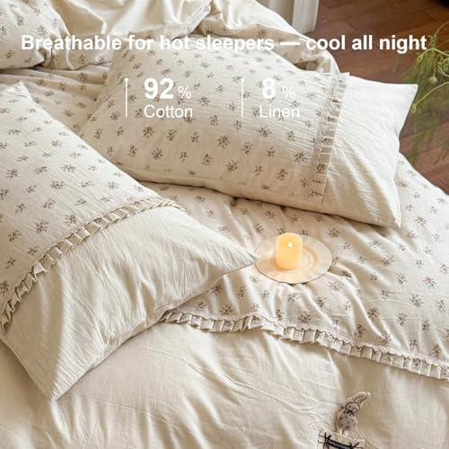 Shabby Chic Cotton Linen Duvet Cover Set 3 Pcs,68"×86" Twin Bedding