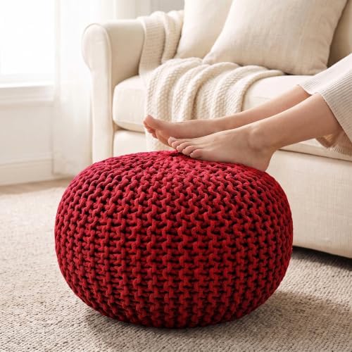 · REDEARTH · Round Pouf Ottoman - Hand Knitted Boho Poof Footrest - Red