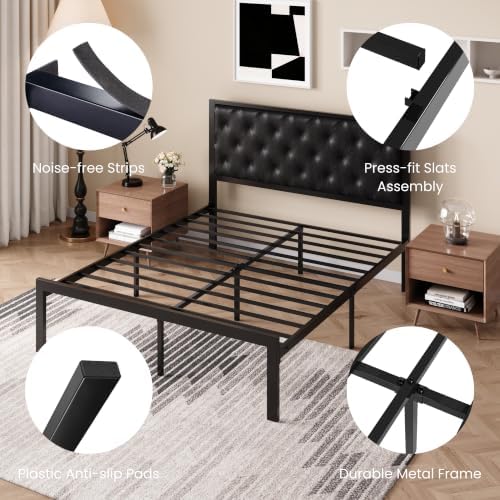 SHA CERLIN Queen Size Metal Bed Frame with PU Tufted Headboard, Black