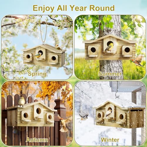 Auslar Bird House for Outside, 3 Hole Wooden Birdhouse for Outdoors Hanging
