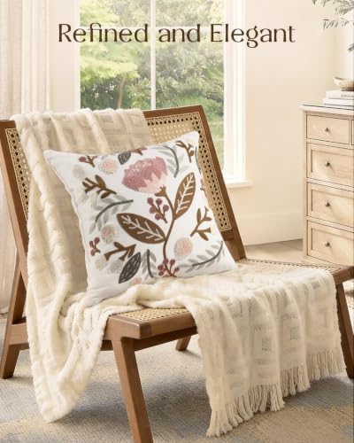 Embroidered Floral Throw Pillow Cover 18x18 Inch, Elegant Flower