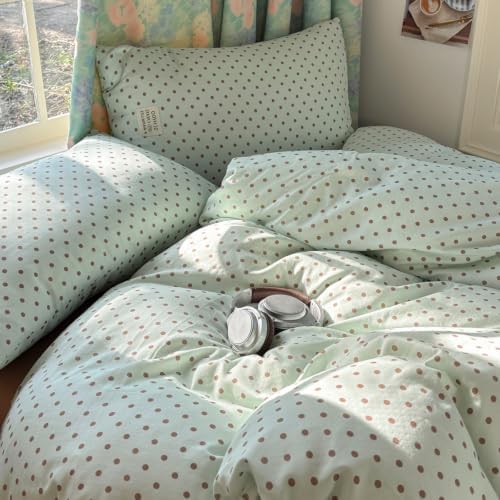 Mint Green Polka Dot Duvet Cover Twin with 2 Pillowcases,100% Cotton