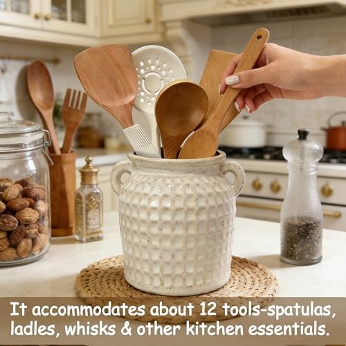 White Ceramic Utensil Holder with Handle, 6.5" Rustic Countertop Crock