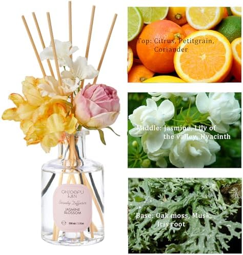 Chloefu Lan Flowers Reéd Diffuser for Girls Room Decor, 6.7oz with 9 Sticks, Jasmine Blossom Scent Diffusers for Home, Scentsy Home Fragrance, Scented Oils, Home & Bathroom Décor