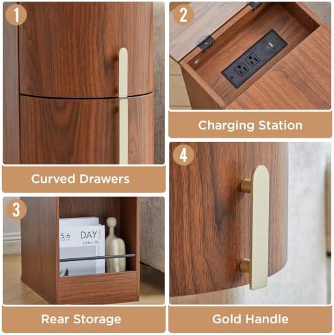 11.8" Narrow Nightstand with Charging Station, Small Bedside Table with 3 Drawers, Modern Skinny End Table for Living Room, Bedroom, Walnut