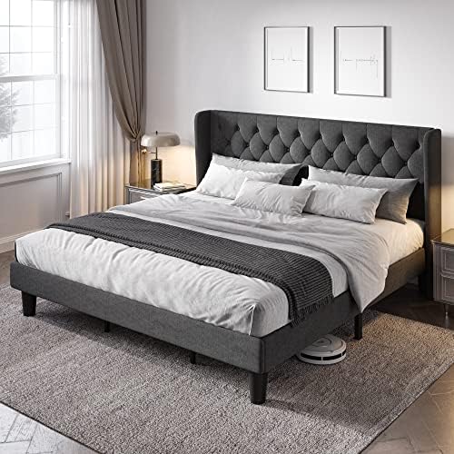 Allewie King Bed Frame with Button Tufted Wingback Headboard, Dark Grey
