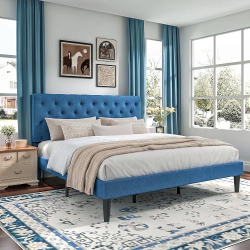 HOMBCK King Size Bed Frame, Upholstered Bed Frame with Headboard, Blue