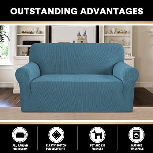 PrinceDeco Stretch Loveseat Sofa Cover Slipcover Couch Cover for 2 Cushion Sofa Washable Sofa Cover for Pets Friendly Furniture Protector Covers with Non Slip Bottom(Loveseat, Storm Blue)