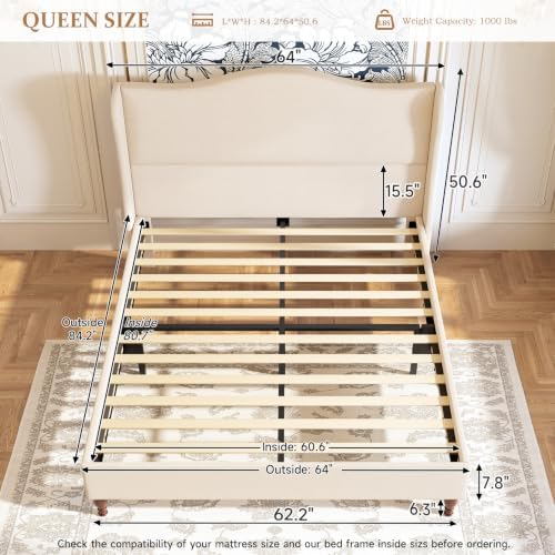 koorlian Queen Size Bed Frame Upholstered Platform Bed with 51" Tall Headboard Wingback, Soft Fabric, Retro Simple Style Platform Bed No Box Spring Needed, Easy Assembly, Beige