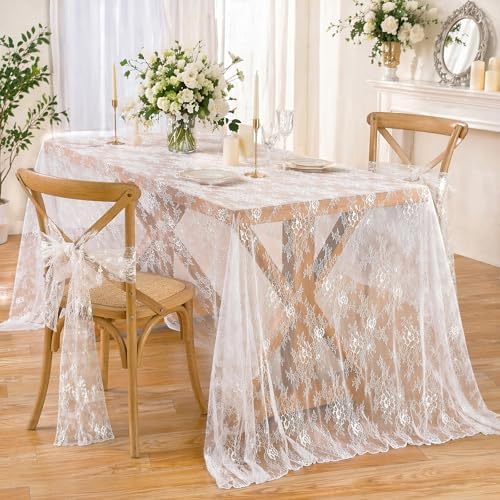 LuoluoHouse 2 Packs 60 x 120 Inch White Lace Rustic Table Cloths Vintage