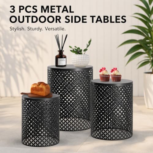 Set of 3 Outdoor Side Table, Garden Stool for Patio, Metal Accent Table Modern End Table, Patio Side Table for Garden, Balcony, Bedroom Indoor Outdoor Decorative, Jet Black