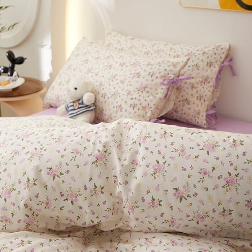 HighBuy 100% Cotton Duvet Cover Full,Lilac Floral Bedding Comforter Cover French Style,Duvet Cover Set 2 Bowknot Bow Tie Pillowcases,Shabby Chic Bedding Duvet Cover Set