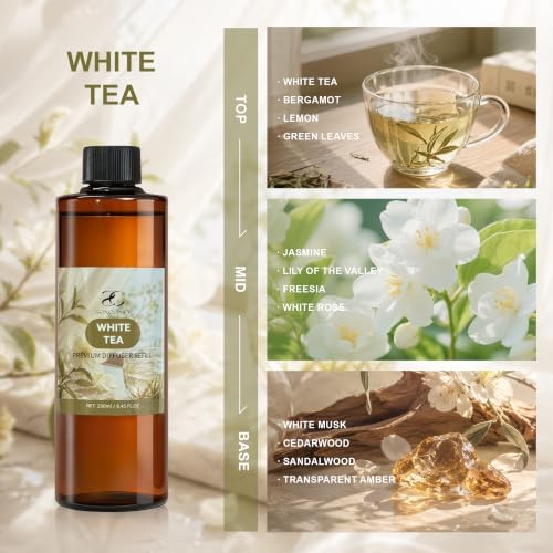 Diffuser Oil Refill, 250ml / 8.45 fl oz, White Tea - Reed Diffuser Oil Refill for Home Fragrance, Scented Oil for Reed Diffuser Bottles, White Tea, Bergamot & Sandalwood Notes