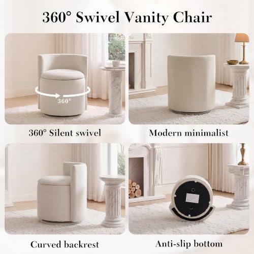 FOXHUNTER Vanity Stool with Storage, 360° Swivel Accent Chair,Velvet Beige