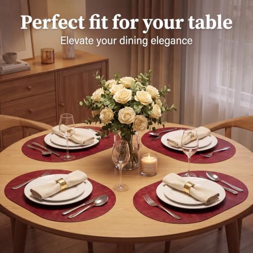 Oval Placemats Set of 8, Wipeable Faux Leather, Wine Red
