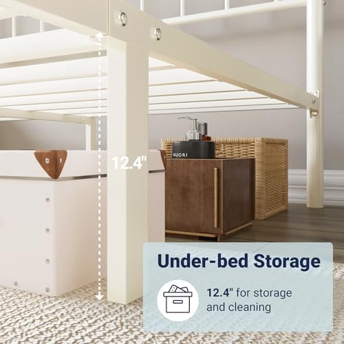 Allewie Queen Size Metal Platform Bed Frame with Headboard, Cream