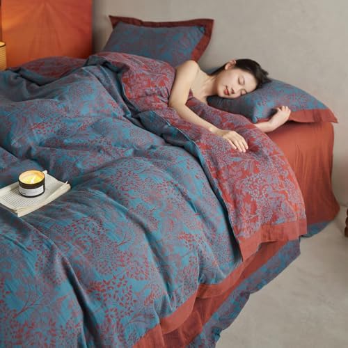 Blue Red Duvet Cover Queen,3 Pieces Retro Jacquard Forest Theme Tree Leaves Bedding Set,Linen Cotton Yarn-Dyed Textured Duvet Cover with Zipper Closure