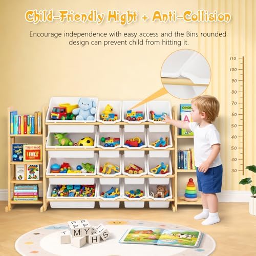 Kids Toy Storage Organizer with Bookshelf – Wooden Shelf with 16 Bins & 6 Shelves, Quick Assembly Storage Rack for Playroom, Bedroom, Nursery - White