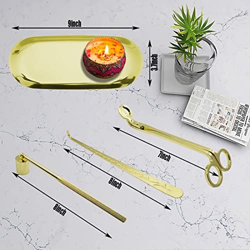 YOUTUOY 4 in1 Candle Accessory Set with Storage Tray Plate, Candle Wick Trimmer, Candle Wick Snuffer, Candle Wick Dipper, Great for Scented Candles Lovers (Gold)