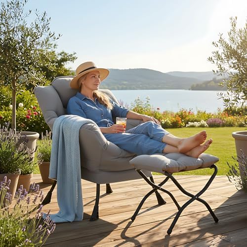 Welnow Lazy Chair with Ottoman, Reading Chair with Footrest,Soft Gray