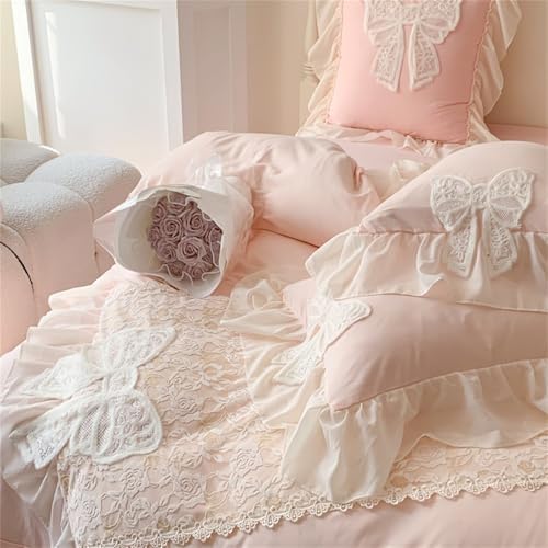 MOOWOO Princess Lace Bow Bedding Set- Pink Sweet Girl Chiffon Ruffles Bedding- 3PC(1 Duvet Cover 90x90 Inch, 2 Pillowcases) Aesthetic Bedding for Woman Girls Bedroom