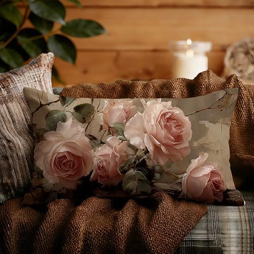 Vintage Pink Rose Floral Throw Pillow Covers Decor 12x20 Inch