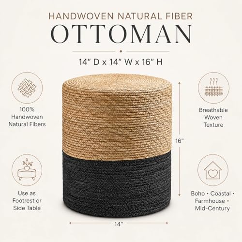 14" Boho Pouf Patio Ottomans Natural Straw Handweave Rustic Round Footstool