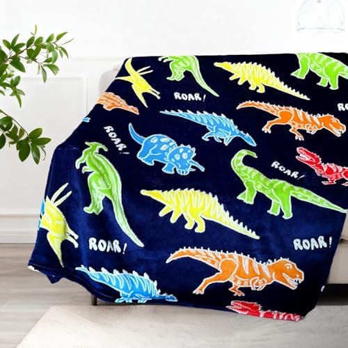 TEHALK Dinosaur Glow in The Dark Blanket for Boys/Girls/Toddler/Baby, Dinosaur Toys for Boy Age 3-12, Cute Funny Kids Throw Blanket for Birthday/Gifts 50"x 60"