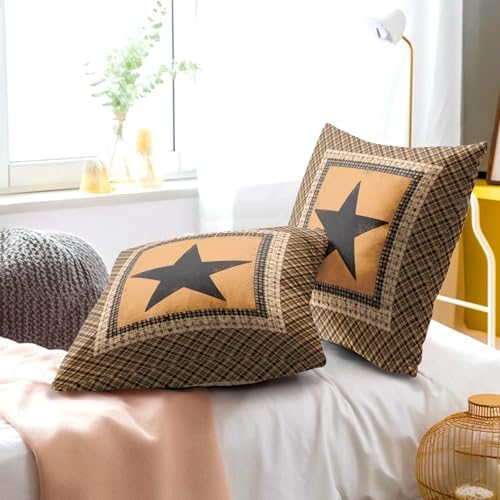 Western Throw Pillow Covers 20x20 Inch Set of 2 Brown Texas Star Decorative Pillowcase Vintage Farmhouse Retro Style Cotton Cushion Cover for Home Sofa Bedroom