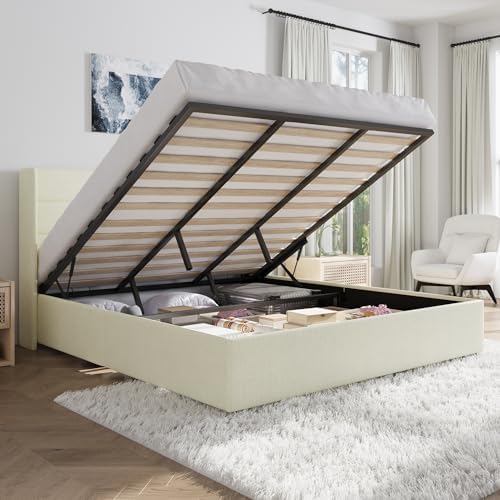SHA CERLIN King Size Chenille Lift Up Hydraulic Storage Bed Frame Cream