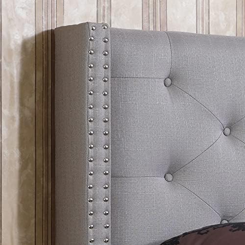 Full Upholstered Platform Bed Frame with 51" Tall Headboard - Button Tufted Cloth Bed - Wood Slat Support with Storage Space - No Box Spring Needed - Easy Assembly - Grey - Oliver & Smith - Astor
