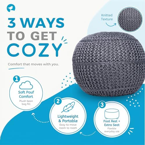 BIRDROCK HOME Round Pouf Ottoman Foot Rest, 18.5”x15”, Zinc Gray
