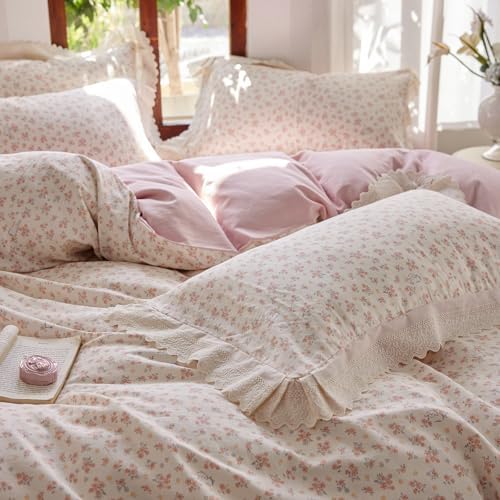 LifeTB Botanical Floral Duvet Cover Twin XL, Soft Cotton Muslin Duvet Cover with Ruffle Lace, Breathable Linen Like Gauze Comforter Cover, Pink Flower Cute Rabbilt Botanical Bedding Set Twin XL