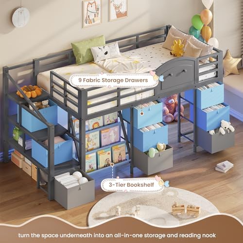 Low Loft Bed Twin Size with 9 Storage Drawers, Bookcase and LED Lights, Metal Kids Loft Bed with Wide Staircase, Open Shelves and Safety Guardrail, Twin Loft Bed with Under-Bed Playhouse, Grey