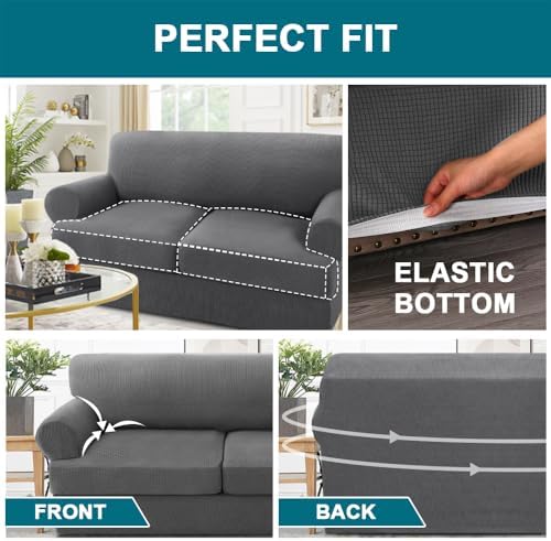 Turquoize 3 Piece T Cushion Loveseat Slipcovers Sofa Cover for 2 Cushion Couch Cover Washable Sofa Slipcover Furniture Covers with 2 Individual T Cushion Seat Covers (2 Cushion Loveseat, Gray)