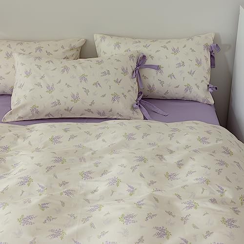 Cotton Duvet Cover Set Queen,3 Pieces Purple Floral Bedding Set,Girls Lavender Flower Duvet Cover with Zipper Closure-Queen,90x90 Inch