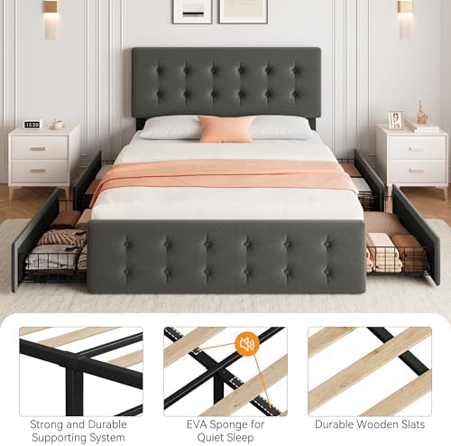 IDEALHOUSE Full Bed Frame with 4 Storage Drawers and Headboard, Light Grey