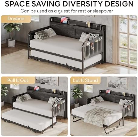 LIKIMIO Twin Daybed with Pop Up Trundle & Charging Station & Storage Shelf