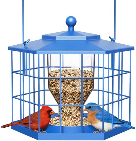 Birdream Squirrel Proof Bird Feeders for Outdoor Hanging, Metal Cage Bird Feeder with Rain Proof Covered for Wildbirds Bluebird Finches, Blue