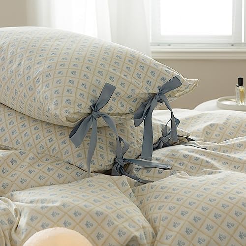 Blue Flower Duvet Cover Queen with Plaid Grid Prints,100% Cotton Bedding Set,Aesthetic Comforter Cover for Girls Women 90x90 Inch
