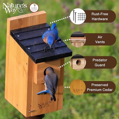 Nature’s Way Cedar Bluebird House for Outdoor Nesting, Predator Guard, Ventilated Design & Easy Access Clean-Out Panel, Natural Wood, Cedar Nesting House (Pack of 4)