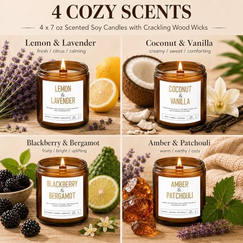 Yinuo Candle Scented Candles Gift Set, 4 Pack 28 oz Wooden Wick Soy Candles