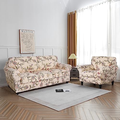 SearchI Stretch Sofa Cover Printed Couch Covers, Floral Pattern 2 Piece Armchair Slipcover with Separate Chair Cushion Cover, Washable Furniture Protector for Living Room(Armchair, Yellow+Flower)
