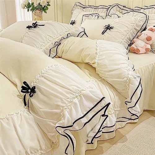 IHOUSTRIY Kid's Duvet Cover Twin Size, Ruffle Beddding Set with Bowtie, 2 Pieces Comforter Cover Set with Zipper Closure, Girl Bedding with Pillowcase - Cream Yellow, Twin